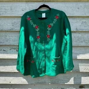 Blair Embroidered Cardinal poinsettia button Down Cardigan Sweatshirt